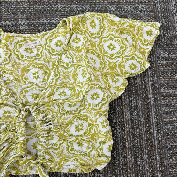ANTHROPOLOGIE Pilcro | Flutter Sleeve Crop Top Green Motif Linen Blend - Picture 5 of 8